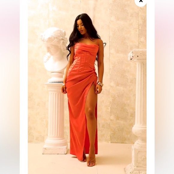 Coral Draped Corset Ruffle Gathered Dress - Picture 12 of 13